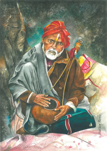 Musician With Indian Instrument (ART-16844-109810) - Handpainted Art Painting - 10in X 14in