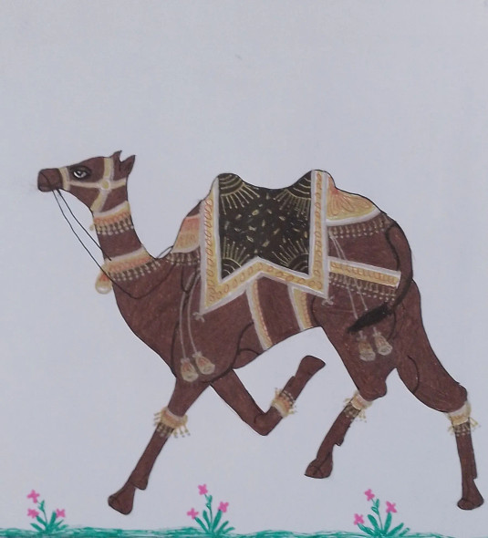Rajasthani Miniature Of A Camel (PRT-16319-109903) - Canvas Art Print - 22in X 24in