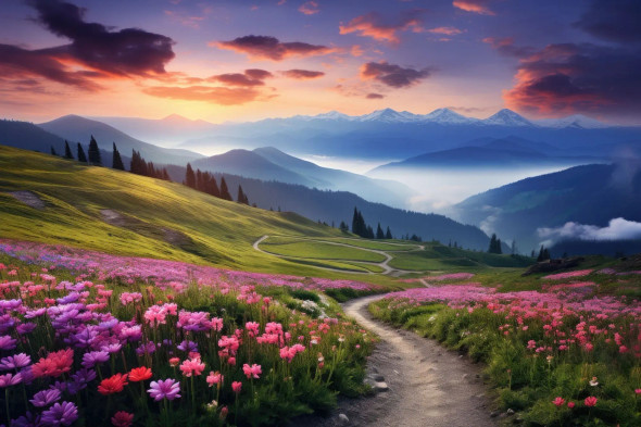 Beautiful Nature Mountain Scenery With Flowers (PRT-8645-109942) - Canvas Art Print - 18in X 12in