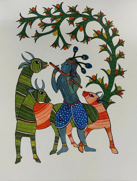 Lord Krishna || Gond Art (ART-16885-109958) - Handpainted Art Painting - 16in X 20in