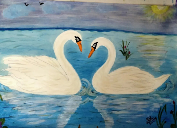 Loving Swan (ART-16739-109965) - Handpainted Art Painting - 20in X 14in