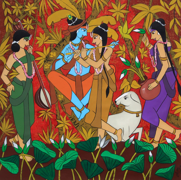Radha The Flutist (ART-3324-110010) - Handpainted Art Painting - 22in X 37in