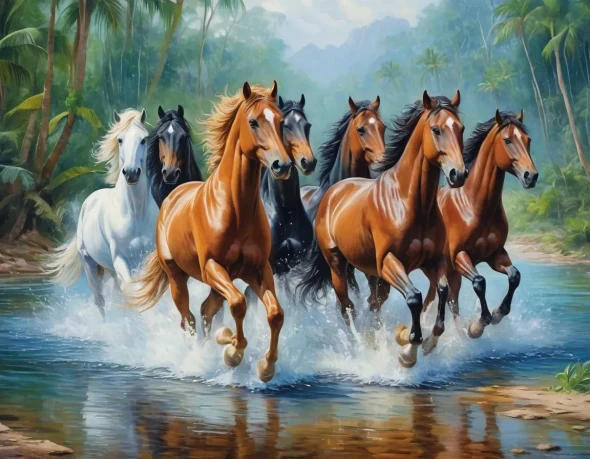 7 Running Horses Painting Vastu (ART-3319-110221) - Handpainted Art Painting - 40in X 30in