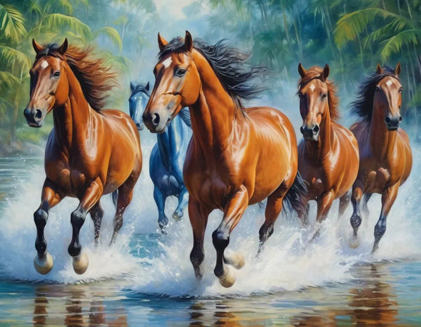 Running Horses As Per Vastu (ART-3319-110222) - Handpainted Art Painting - 36in X 24in