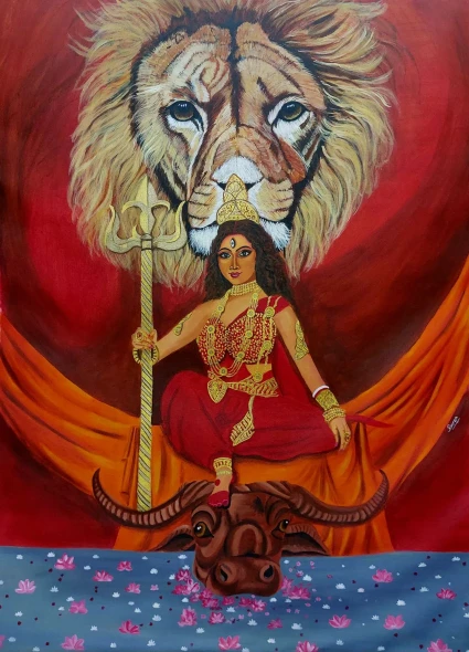 Maa Durga With Her Majestic Lion (ART-8800-110163) - Handpainted Art Painting - 36in X 48in