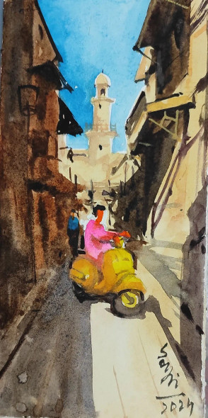 The Yellow Scooty (PRT-7901-110252) - Canvas Art Print - 9in X 18in