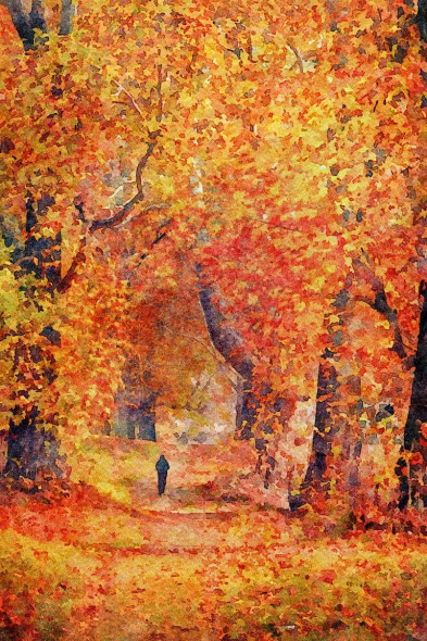 Kashmir Autumn Forest Lone Person Watercolor (PRT-16909-110280) - Canvas Art Print - 12in X 18in