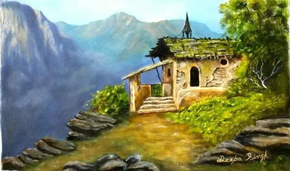 House At Hill (ART-8424-110298) - Handpainted Art Painting - 24in X 12in
