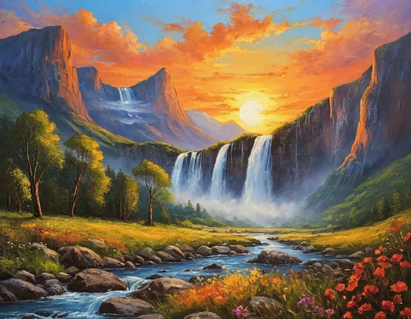 Sunset Landscape With Waterfall Mountains Painting (ART-3319-110344) - Handpainted Art Painting - 36in X 30in