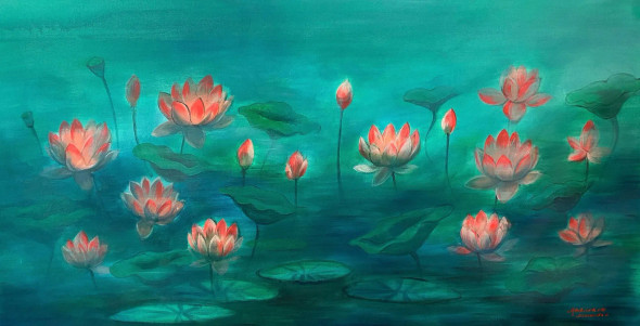 Waterlilies (ART-3512-110365) - Handpainted Art Painting - 43in X 23in