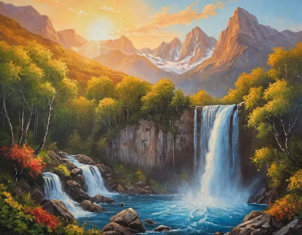 Buy Waterfall Mountains Sunrise Scenery Landscape Painting