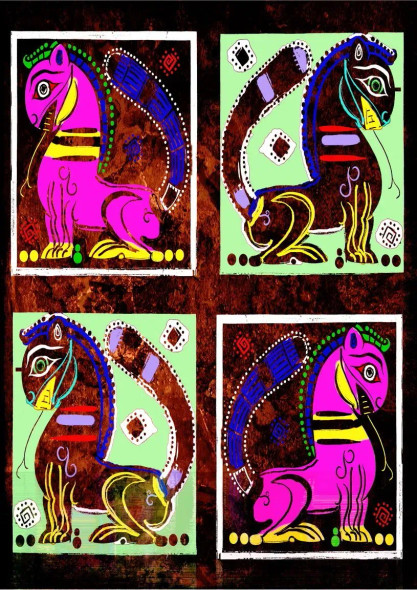 4 Lions Indian Folk Art (PRT-16909-110600) - Canvas Art Print - 25in X 36in