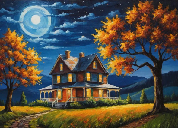Nature's Heaven Beautiful House And Trees In Calming Night View (ART-3319-110665) - Handpainted Art Painting - 48in X 24in
