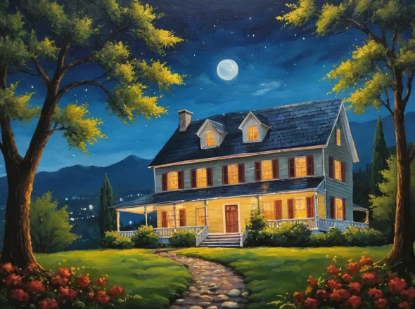 Landscape Scenery Painting Night View Of Beautiful Forest And House. (ART-3319-110664) - Handpainted Art Painting - 48in X 30in