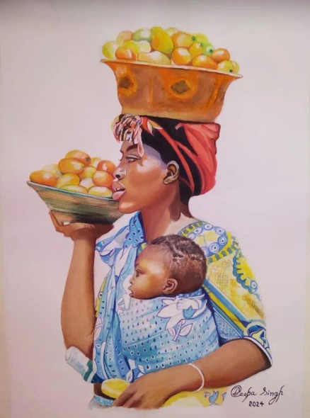 African Mother And Child (ART-8424-110675) - Handpainted Art Painting - 12in X 16in