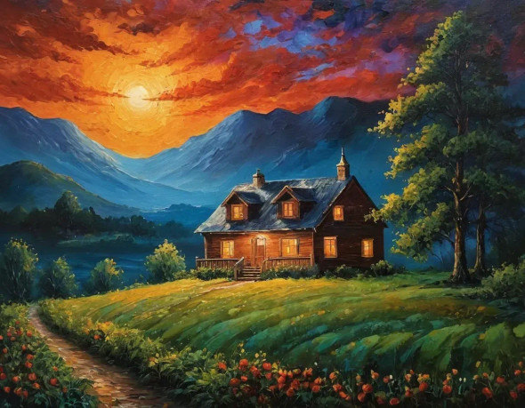 Heaven Sunset Mountains Nature View Scenery Landscape Painting (ART-3319-110685) - Handpainted Art Painting - 36in X 30in