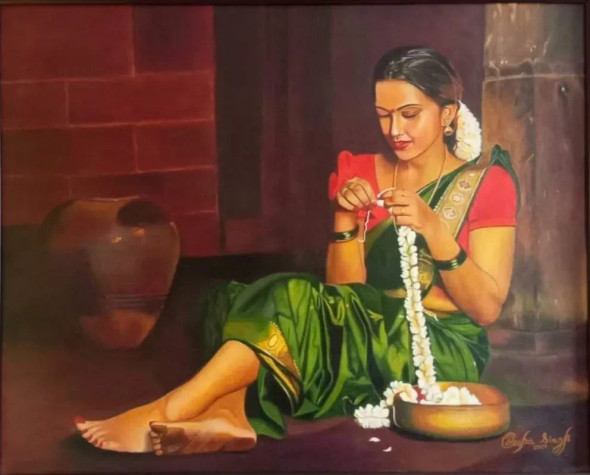 South Indian Girl (ART-8424-110677) - Handpainted Art Painting - 30in X 24in