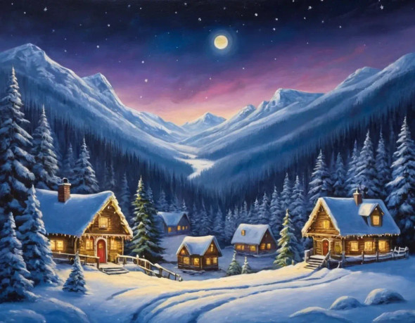 Snow Christmas Night View Scenery Landscape Painting (ART-3319-110700) - Handpainted Art Painting - 36in X 30in