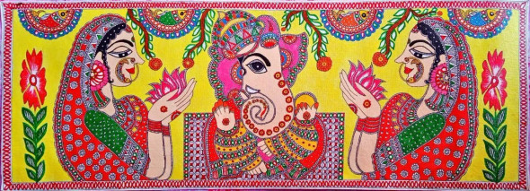 MADHUBANI PAINTING GANPATI GANESH PUSHPANJALI (ART-7470-110828) - Handpainted Art Painting - 30in X 11in