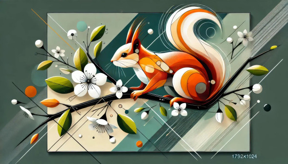 "Geometric Grace: Squirrel Among Blossoms" (PRT-16747-110974) - Canvas Art Print - 30in X 17in