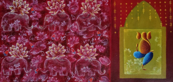 Ethnic Ganesh Painting (ART-2183-111050) - Handpainted Art Painting - 30in X 18in