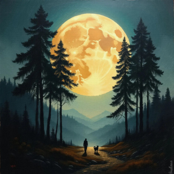 Beneath The Glowing Moon: A Tranquil Nocturnal Stroll (PRT-15697-110928) - Canvas Art Print - 36in X 36in