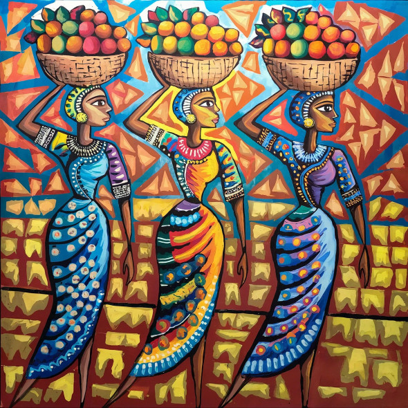 Graceful Harvest | Vibrant And Colorful African-style Painting (ART-3053-111387) - Handpainted Art Painting - 36in X 36in