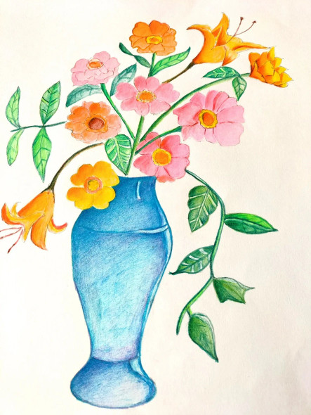 Flowers In A Blue Vase (ART-16989-111392) - Handpainted Art Painting - 8in X 12in