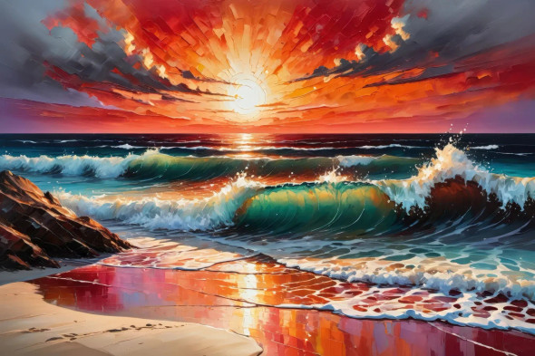 Glowing Beach Under Fiery Sky 04 (PRT-15697-111445) - Canvas Art Print - 48in X 32in