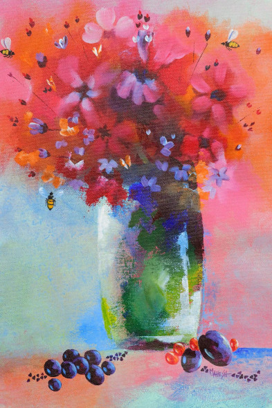 Still Life, (275) Vase Of Flowers, Vibrant Abstract (ART-15639-111591) - Handpainted Art Painting - 12in X 18in