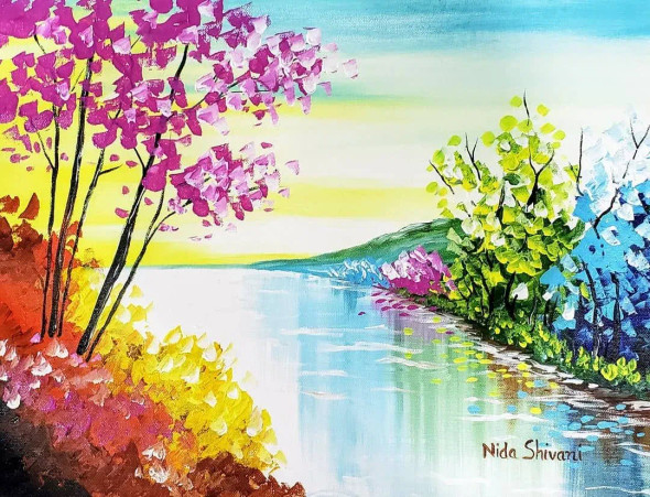 Dreamy Sunset In Spring (ART-17005-111732) - Handpainted Art Painting - 15in X 11in