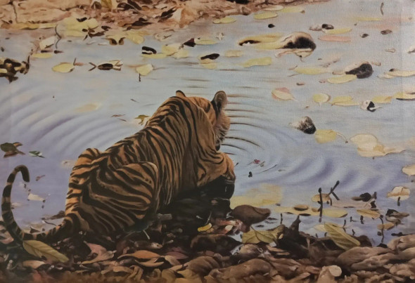 Reflections Of The Wild: Tiger By The Water (ART-16907-111881) - Handpainted Art Painting - 36in X 25in