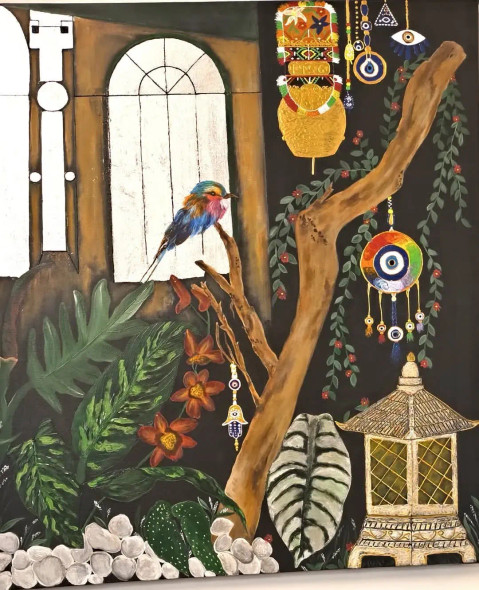 Blessed Balcony (ART-8743-111842) - Handpainted Art Painting - 30in X 36in