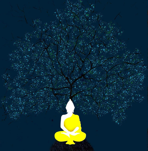 Buddha In Dhyana Under A Tree (PRT-16489-111918) - Canvas Art Print - 35in X 36in