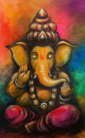 Ganesha (ART-3512-111967) - Handpainted Art Painting - 12in X 19in