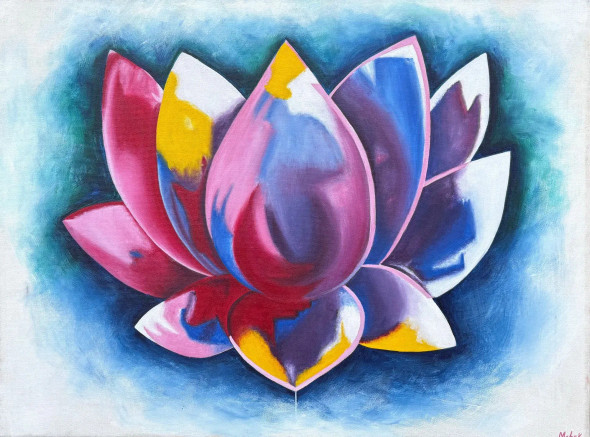 Serenity In Bloom: Blue Lotus Harmony (ART-16907-111884) - Handpainted Art Painting - 24in X 18in