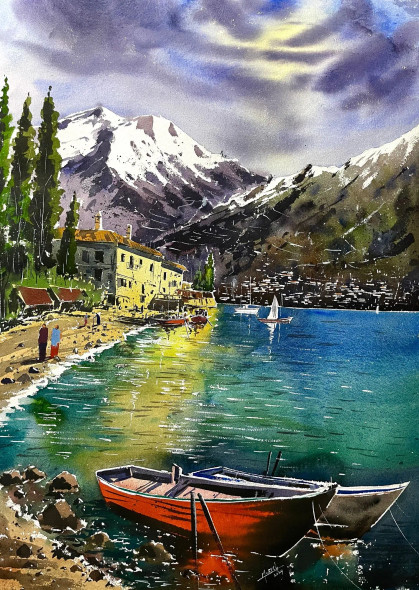 Reflections Of Sky (ART-8987-111948) - Handpainted Art Painting - 21in X 28in