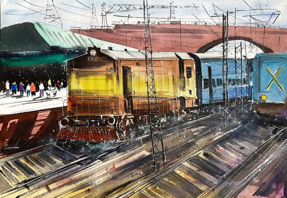 Rail Engine 2 (ART-8987-111928) - Handpainted Art Painting - 20in X 14in