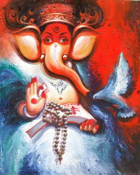 GANAPATI 3 (ART-17072-112022) - Handpainted Art Painting - 24in X 28in