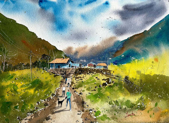 Village Path With Green Land (ART-8987-111940) - Handpainted Art Painting - 20in X 14in