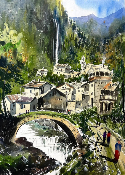 Waterfall Height (ART-8987-111952) - Handpainted Art Painting - 21in X 28in