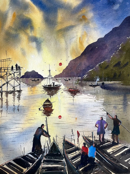 Fishing Time (ART-8987-111951) - Handpainted Art Painting - 21in X 28in