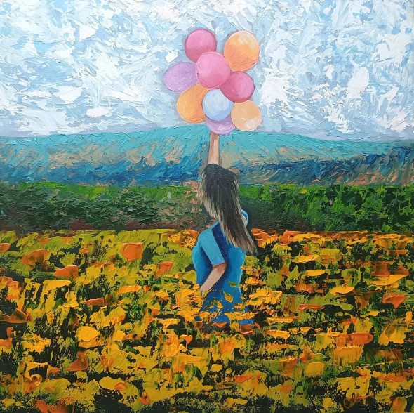 Balloon Girl (ART-17065-112063) - Handpainted Art Painting - 12in X 12in