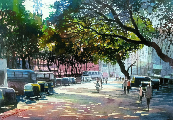 Morning Hustle And Bustle 2 (ART-8116-112107) - Handpainted Art Painting - 15in X 11in