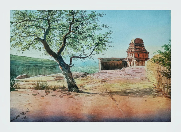 Badami Temple (ART-8116-112111) - Handpainted Art Painting - 15in X 11in