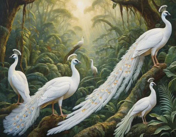 Beautiful White Peacocks In A Forest (ART-3319-112269) - Handpainted Art Painting - 40in X 30in