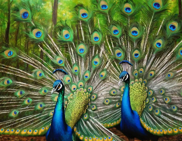 Pair Of Beautiful Peacock Birds In Forest. (ART-3319-112266) - Handpainted Art Painting - 36in X 24in