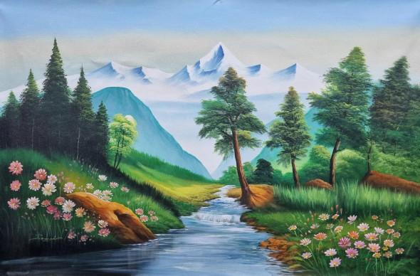 Mountains Waterfall Nature Scenery Landscape Painting (ART-3319-112255) - Handpainted Art Painting - 48in X 30in