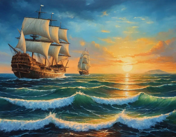 Ocean Ships Heaven Seascape Landscape Painting (ART-3319-112285) - Handpainted Art Painting - 48in X 30in