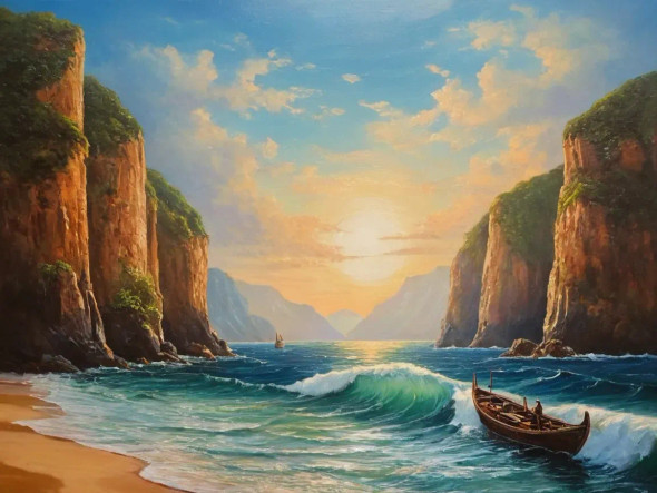 Sunrise Sea View Landscape Painting (ART-3319-112283) - Handpainted Art Painting - 48in X 30in